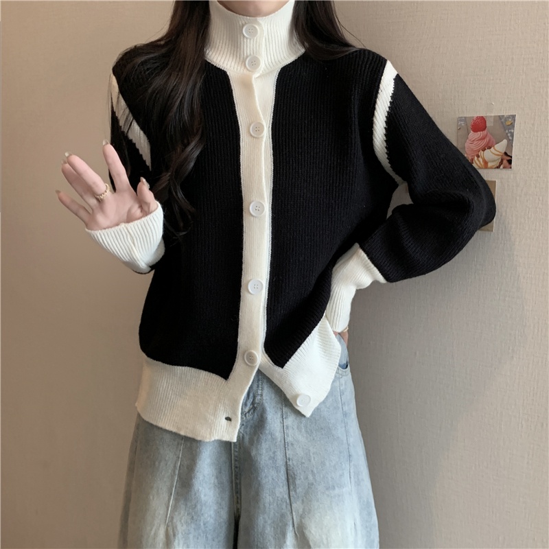 Áo Khoác Cardigan Dệt Kim Dáng Rộng Cổ Cao Màu Sắc Tương Phản Phong Cách Hàn Quốc