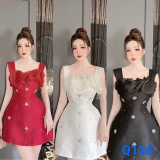 Đầm chất tapta viền ngực đính hoa đá tiểu thiư