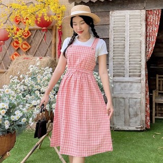 Đầm Nữ NHẬT VY Họa Tiết Caro Rút Dây Eo Không Kèm Áo Đi Chơi Dáng Xòe Màu Đen, Hồng - D1829