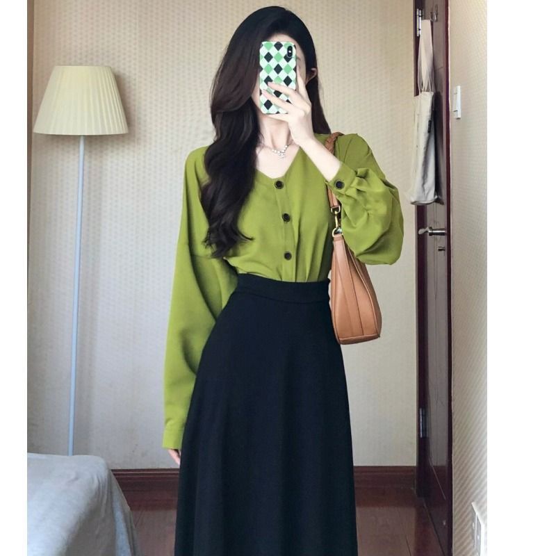 Chân váy nữ Set Áo Sơ Mi Dài Tay Kèm Chân Váy Lưng Cao Phong Cách Pháp Thời Trang Mùa Thu Mới Cho Nữ