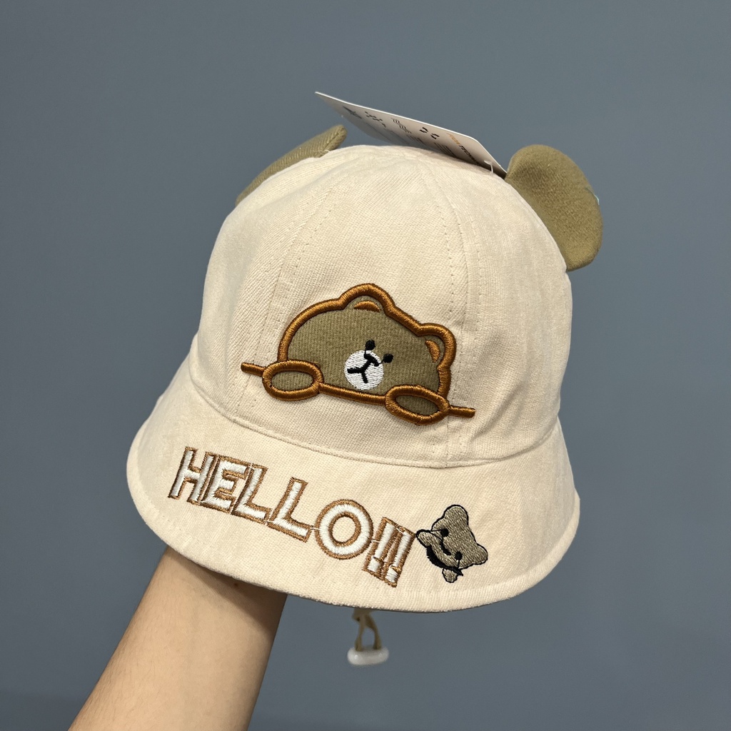 Mũ tai bèo họa tiết chú gấu hello phong cách Hàn Quốc thời trang dễ thương cho bé xanh vàng kem cam đỏ