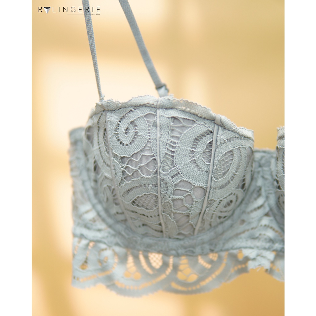 Áo lót ren nữ BY LINGERIE màu xanh xám trắng và đen gọng dẻo mút mỏng B332