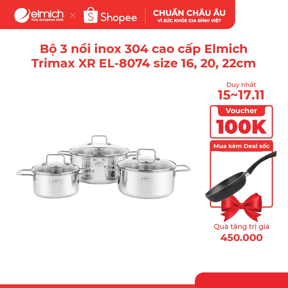 Bộ 3 nồi inox 304 cao cấp 3 đáy liền khối Elmich Trimax XR EL-8074 size 16, 20, 22cm