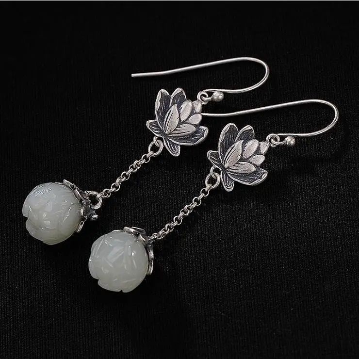 Bông Tai Dáng Dài Hình Hoa Sen Bằng Bạc Sterling Không Gây Dị Ứng Phong Cách Trung Hoa Cổ Điển Cho Nữ