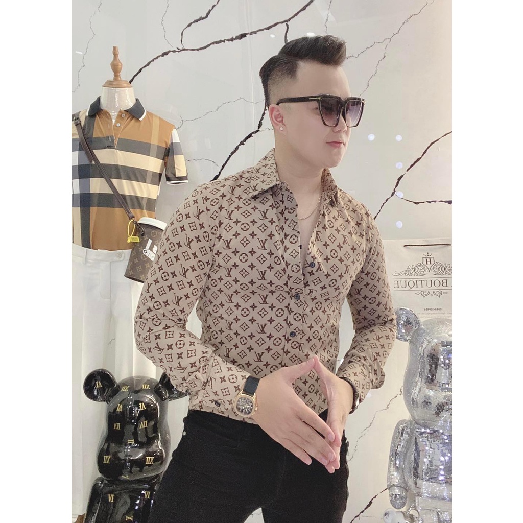 Áo sơ mi nam tay dài 22AM01-00701 họa tiết nâu chữ, thấm hút mồ hôi tốt, dáng ôm body