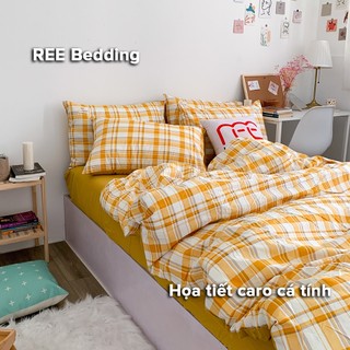 Bộ chăn ga gối REE Bedding CTC53 Cotton TC caro vàng đủ size giường nệm