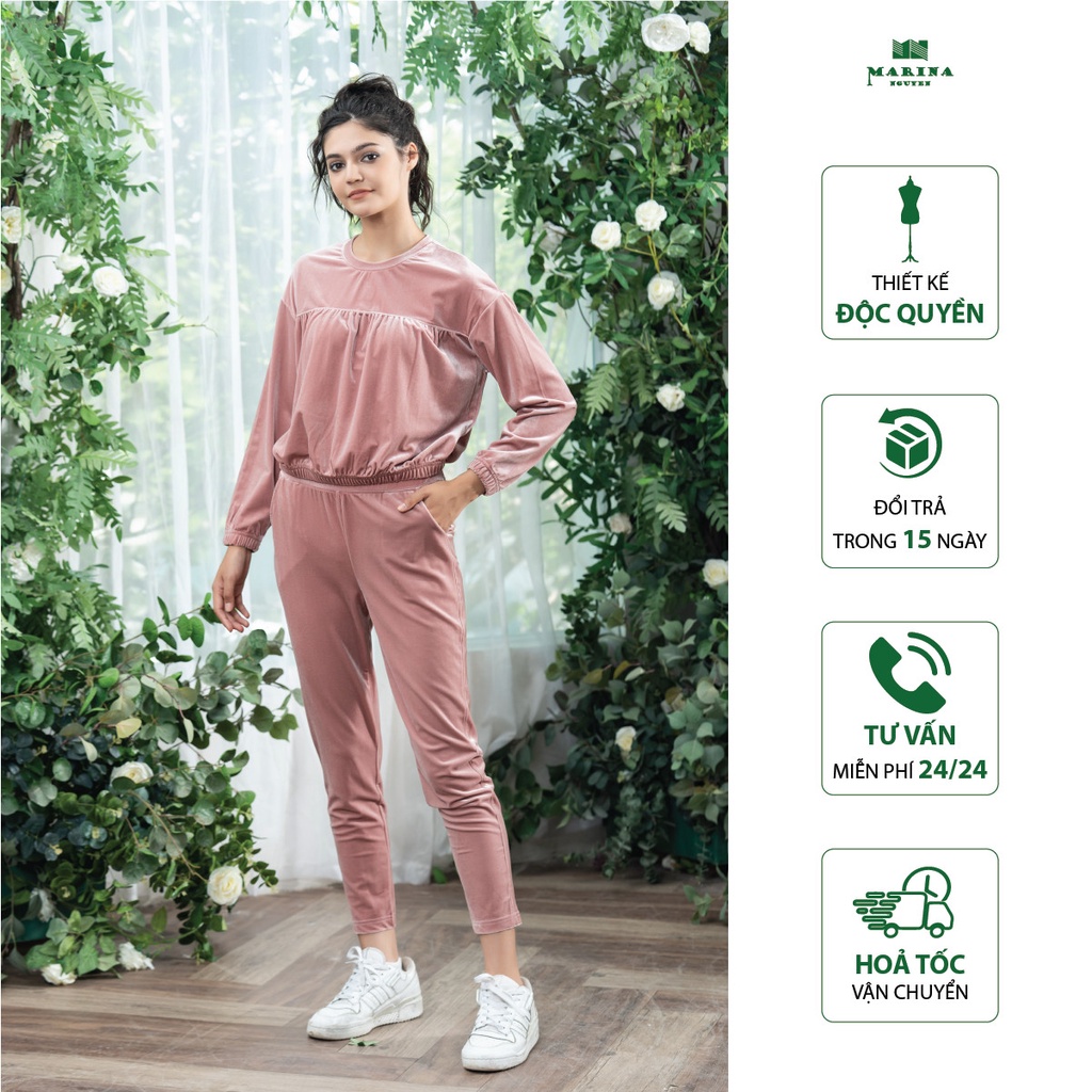 Bộ Đồ Thu Đông Dài Tay MARINA NGUYỄN Thiết Kế Cổ Tròn, Vải Nhung Mềm Mịn 822002
