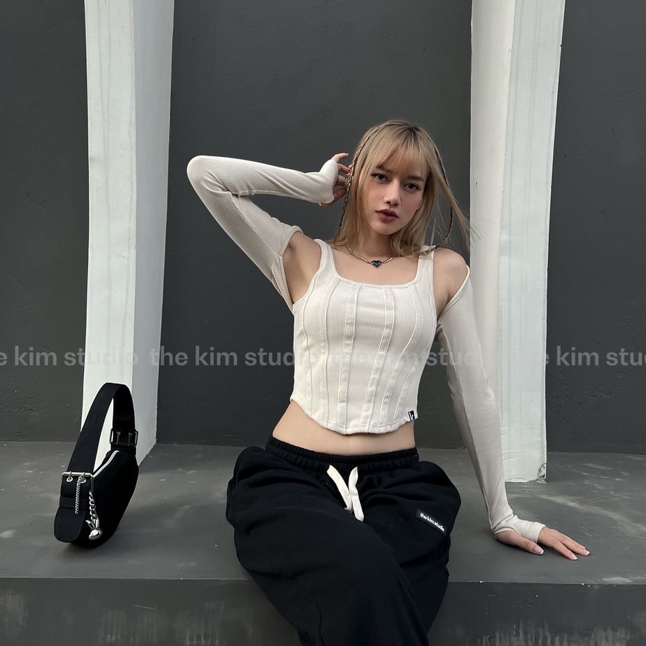 Set áo croptop len tăm dài tay kiểu corset , bộ 2 món thun hai dây cổ vuông và tay áo rời TheKim SA158 | BigBuy360 - bigbuy360.vn