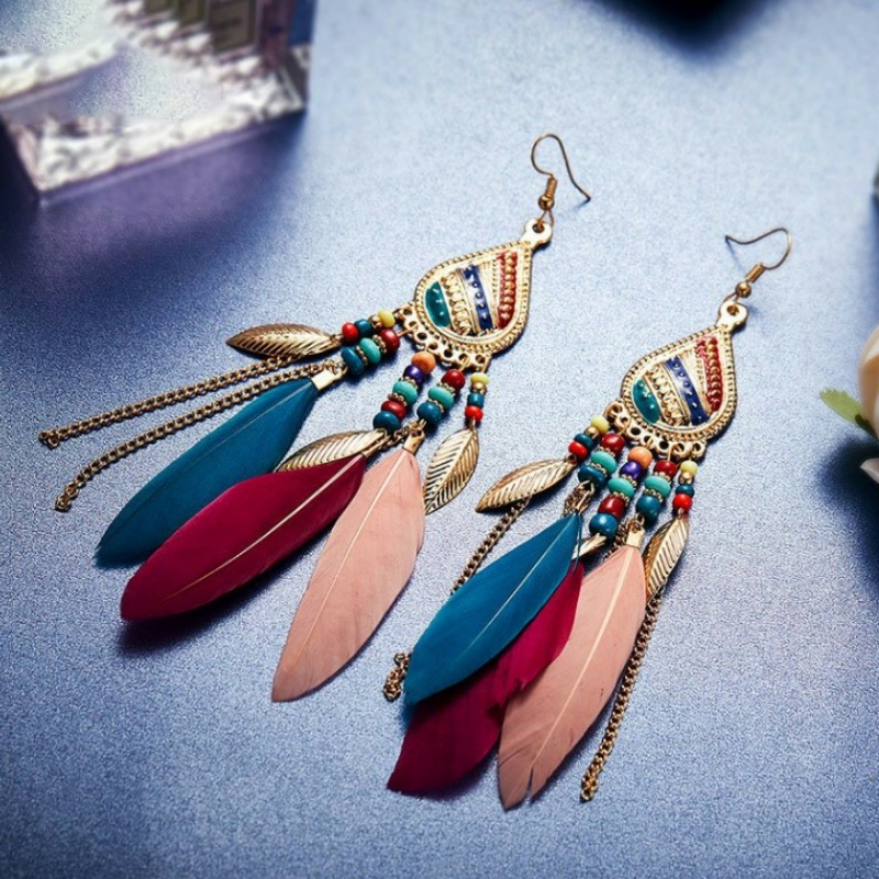 Bông Tai Dáng Dài Phối Lông Vũ Phong Cách Bohemian Thời Trang Cho Nữ