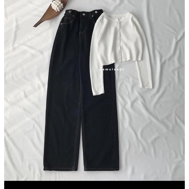 Set baggy jeans ống suông đai nút + set 2 món áo gân tay dài