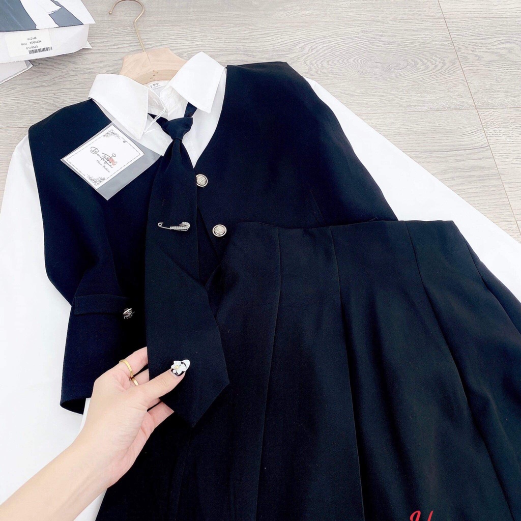 Set váy 4 món gồm sơ mi, chân váy áo gile và cà vạt siêu hot hit