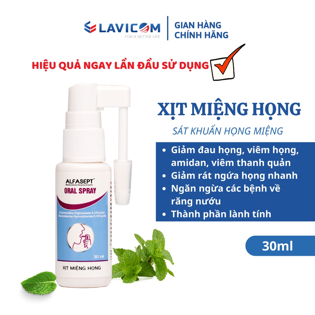 Xịt họng ALFASEPT Oral Spray 30ml - Hỗ trợ giảm ho, đau ngứa rát họng, viêm họng hương bạc hà thơm mát