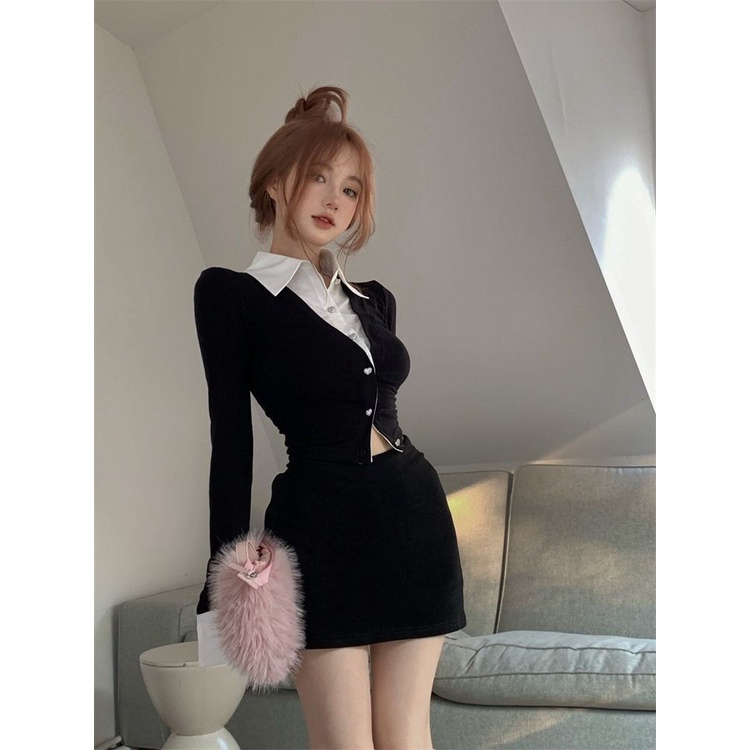 Áo Sơ Mi Dáng Ngắn Phối Hai Màu Đen Trắng Phong Cách Hàn Quốc Quyến Rũ