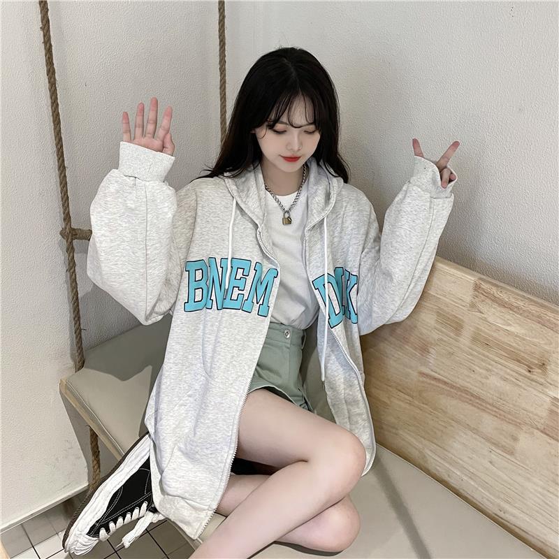IELGYÁo Hoodie Mỏng Tay Dài Dáng Rộng Có Khóa Kéo In Chữ Phong Cách Hàn Quốc Cho Nữ