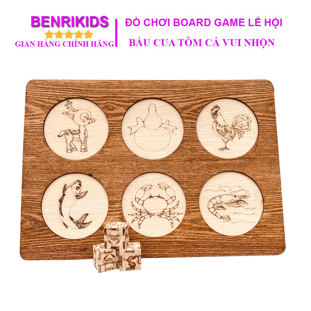 Bộ Lắc Bầu Cua Tôm Cá Bàn Gỗ Kèm 3 Viên Xí Ngầu Đồ Chơi Tết Năm 2023 Siêu Bền, Board Game Vui nhộn
