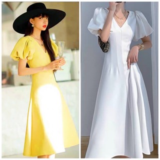 Đầm cổ V xếp li tay phồng 2 màu