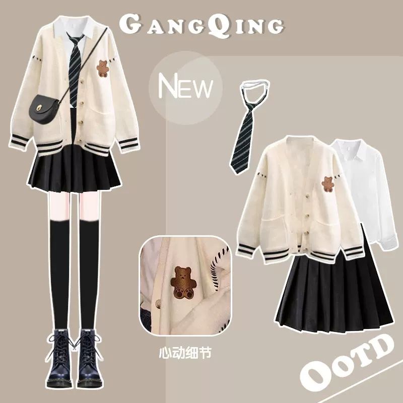 Set Áo Khoác Cardigan Phong Cách Hàn Quốc 2022 + Áo Sơ Mi + Chân Váy Xếp Ly Thời Trang Thu Đông Cho Nữ