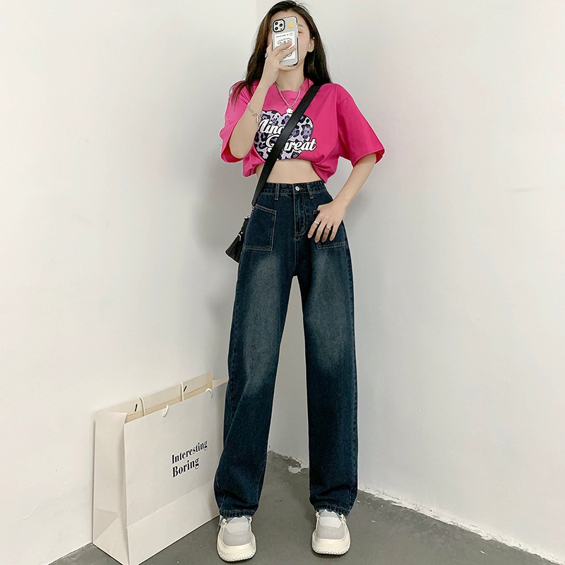 Quần jean dài SUXI ống rộng lưng cao thời trang Hàn Quốc cá tính cho nữ