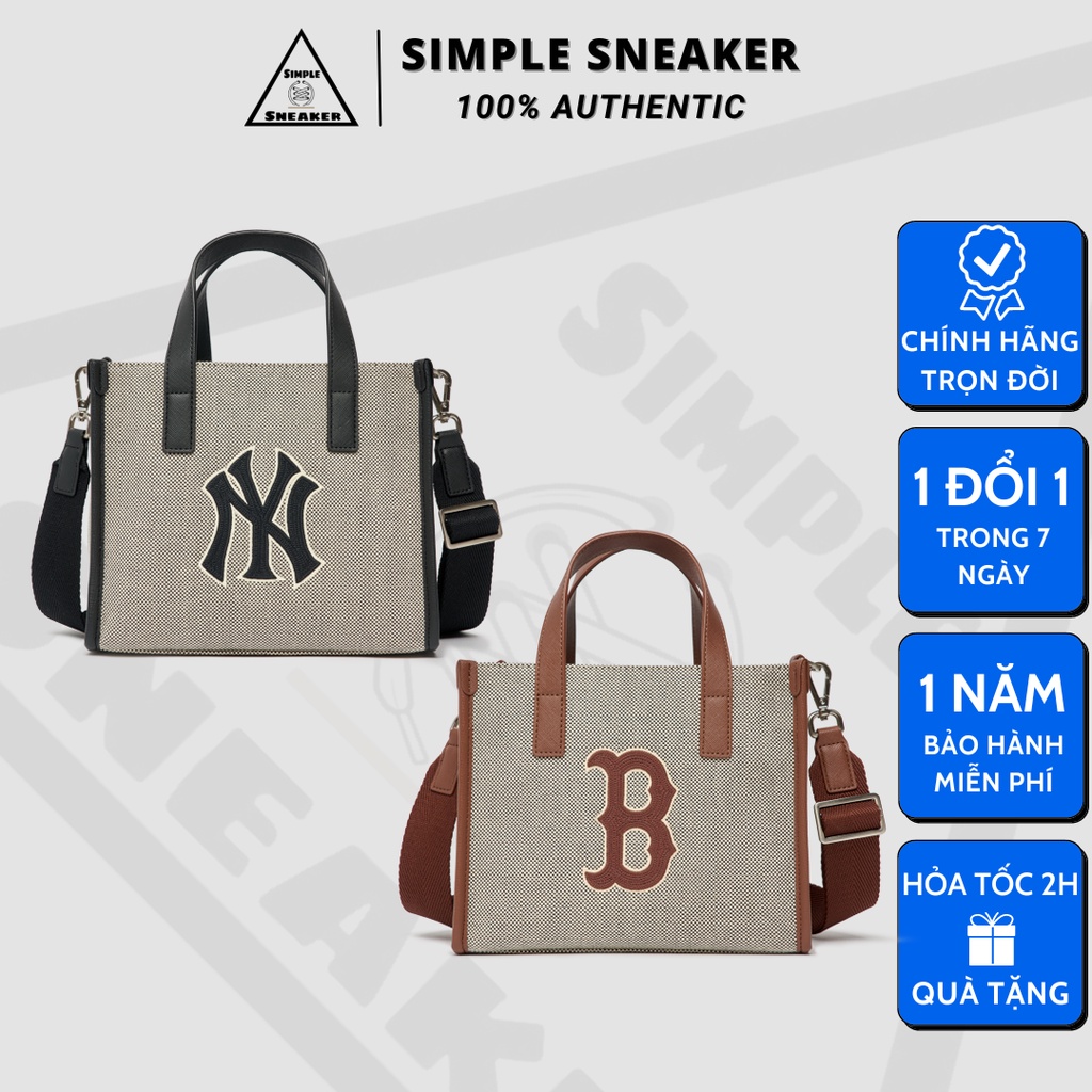 Túi Đeo Chéo MLB Canvas Tote Bag Chính Hãng 💙SIMPLE SNEAKER💙 MLB Basic Big Logo Canvas Small Tote Bag Màu Nâu