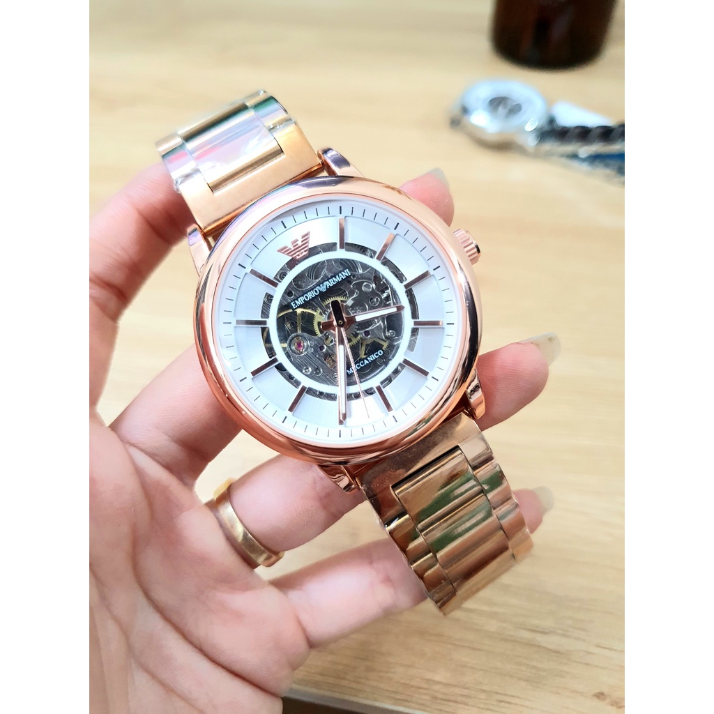 Đồng Hồ Nam Armani Dây Thép Đúc Đặc Máy Lộ Cơ Automatic Cao Cấp Khóa Bướm