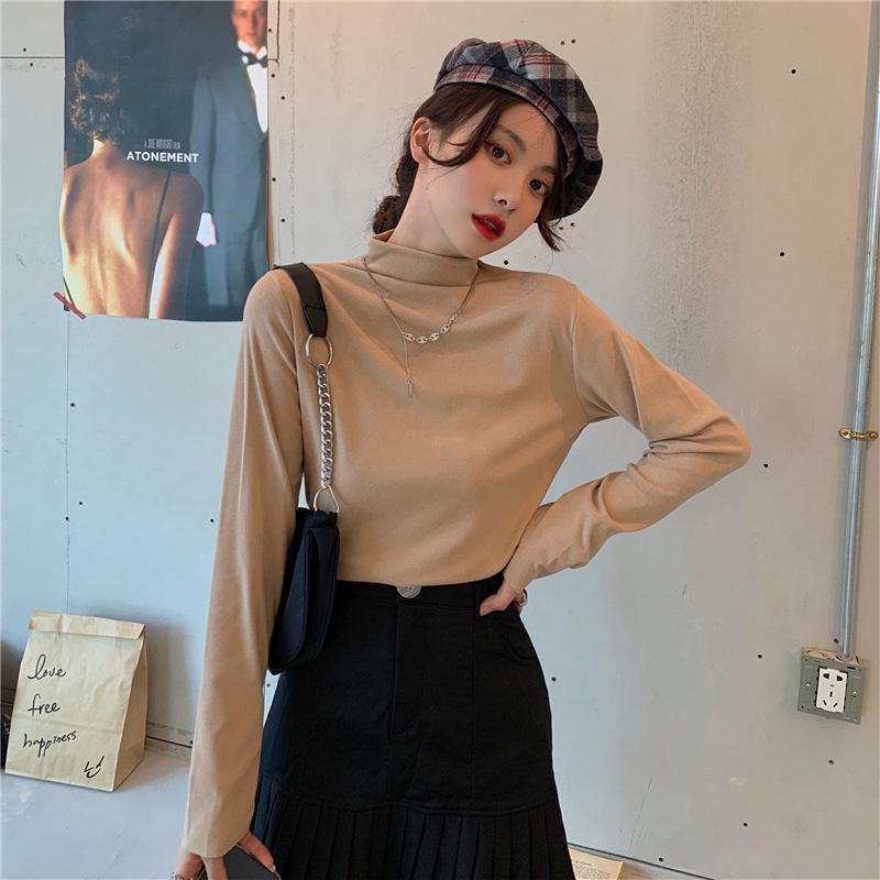 IELGY IELGY Áo Thun Nữ Dài Tay Cổ Lọ Màu Sắc Đơn Giản Phong Cách Hong Kong