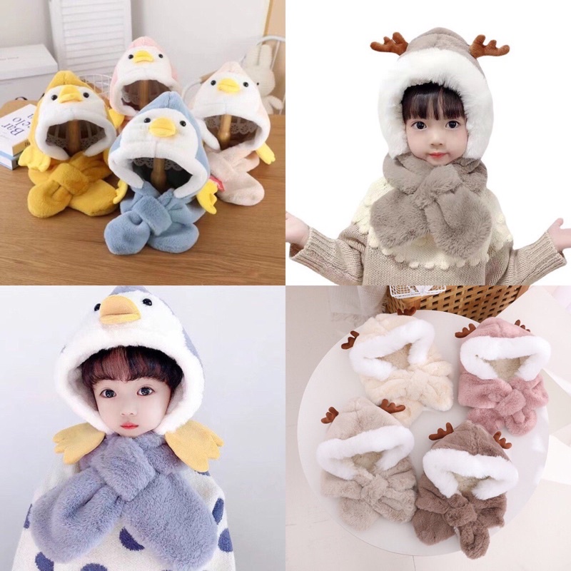 Mũ trùm đầu kết hợp khăn choàng cổ họa tiết động vật giữ ấm bảo vệ tai cho bé mùa thu đông thời trang Hàn Quốc