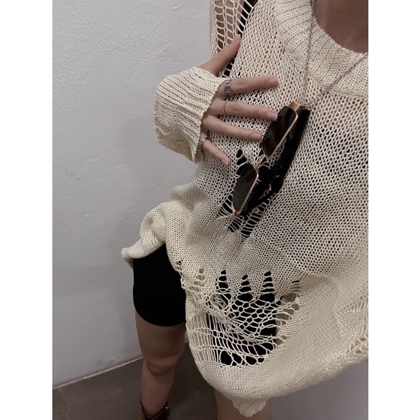 Áo Len Rách Hot Trend 2022 Áo Lưới Thu Đông Cá Tính