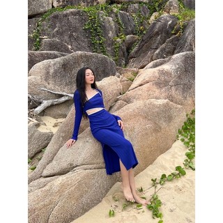 Hinworkshop | váy tay dài cắt xẻ alena cut out long dress blue