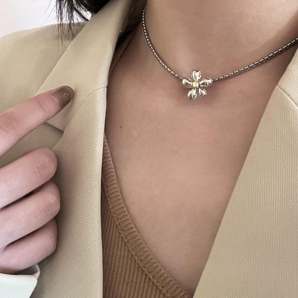 Dây chuyền và bông tai dành cho nữ mạ bạc thiết kế  bông hoa siêu đáng yêu nhí nhảnh phong cách Hàn Quốc Boho