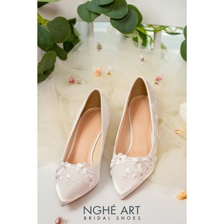 Giày cưới Nghé Art lụa satin hoa nổi 412