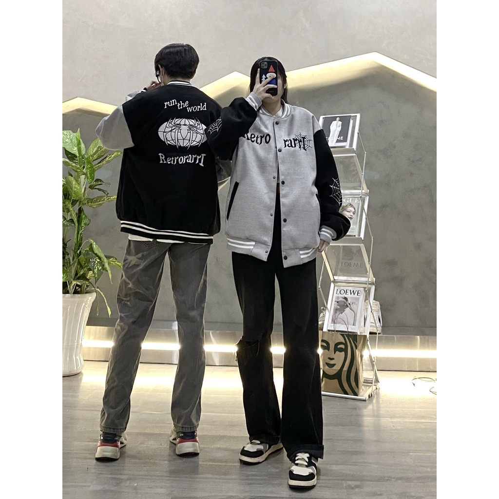 Áo Khoác Bomber Varsity Nỉ Dạ Spider Hình Thêu Full Áo Phối 2 Màu Đen Xám Nam Nữ Unisex