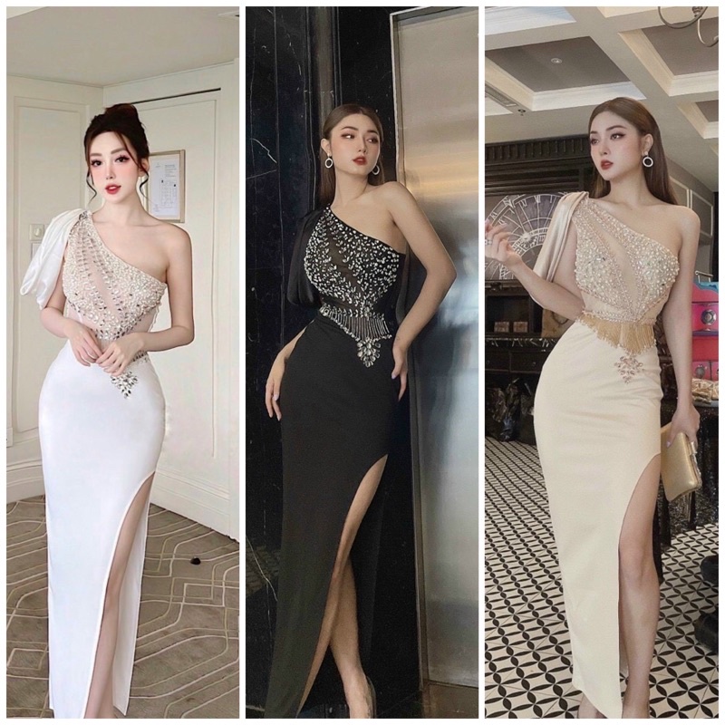 Đầm dạ hội lệch vai đính đá cao cấp có 3 màu