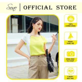 Sono - áo kiểu cộc tay màu vàng chanh phối trắng chất linen thiết kế