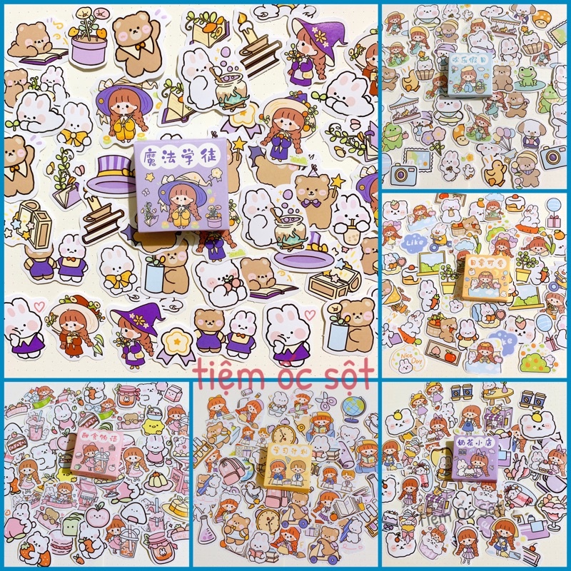 Bộ 300 miếng dán trang trí hoạ tiết hoạt hình, vintage Tiệm Ốc Sột-ST048