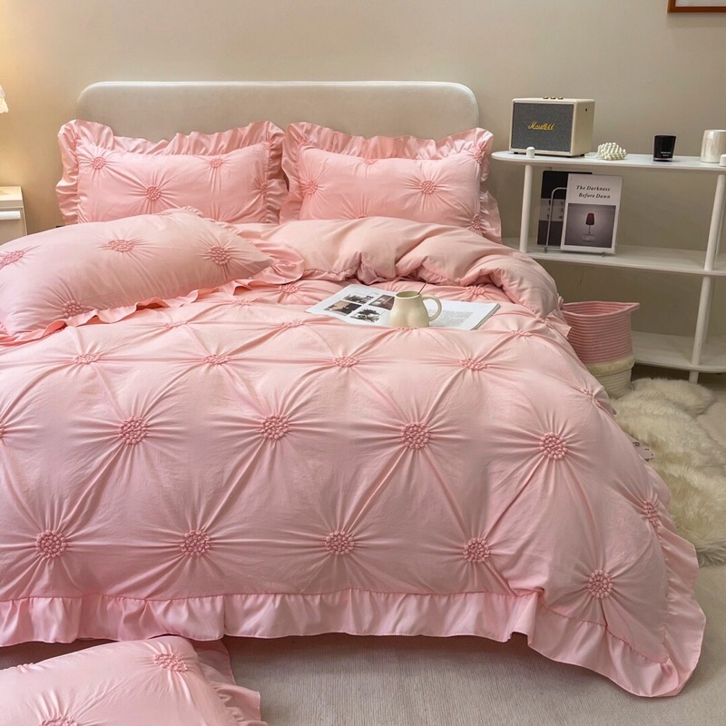 Set chăn ga 4 món cotton đũi dúm hoa viền bèo vitage Hàn Quốc