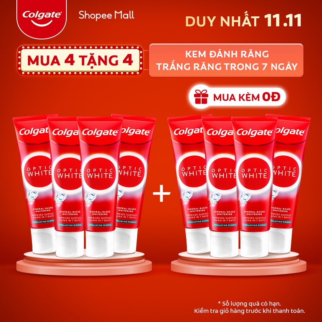 Bộ 4 Kem Đánh Răng Colgate trắng răng Optic White Exfoliating Mineral cho răng sáng bóng 100g/tuýp