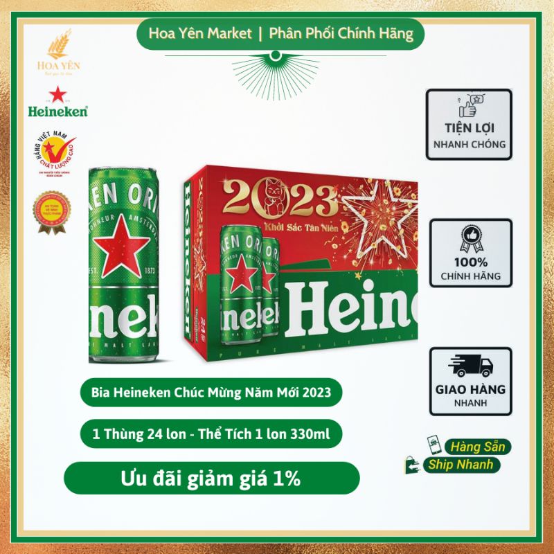 Thùng Bia Heineken Xanh Chúc Mừng Năm Mới 24 lon ( 330ml/1lon ) Hoa Yên Market- Thùng bia đẹp mắt, vị bia uống êm đầm