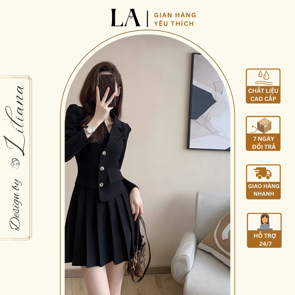 Set áo blazer tay cúc ngọc kèm chân váy ngắn,Set Bộ Nữ Sang Chảnh,Set Váy Công Sở thiết kế Liliana clothes