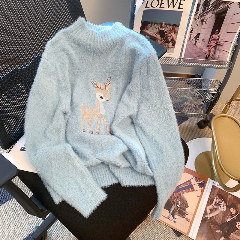 Áo sweater Dệt Kim Cổ Lọ Thêu Hình Nai Thời Trang Thu Đông Cho Nữ