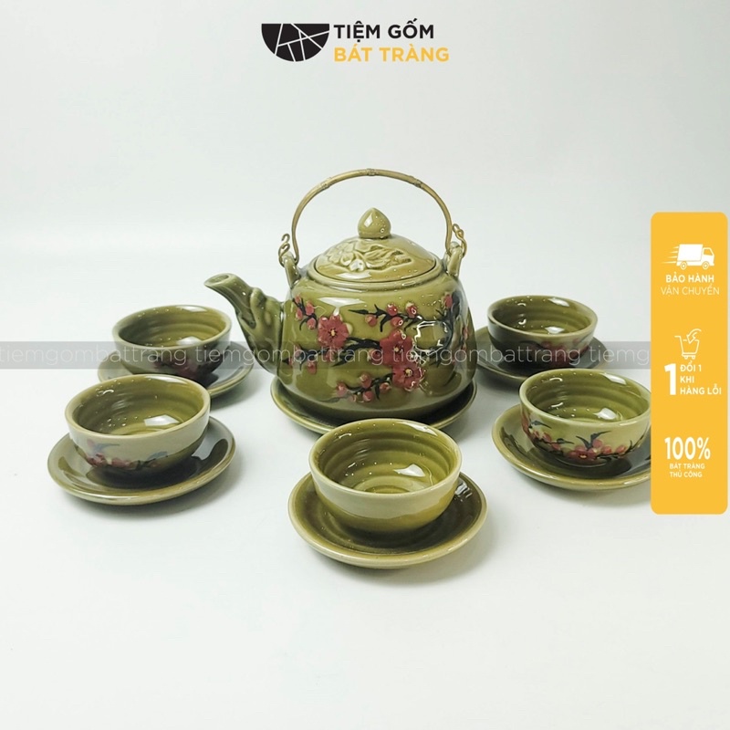 Bộ Ấm Trà Đào Đỏ Men Rêu Xanh Bộ Chén Tách Trà Sứ Bát Tràng Cao Cấp Làm Quà Biếu Tặng Quai Đồng