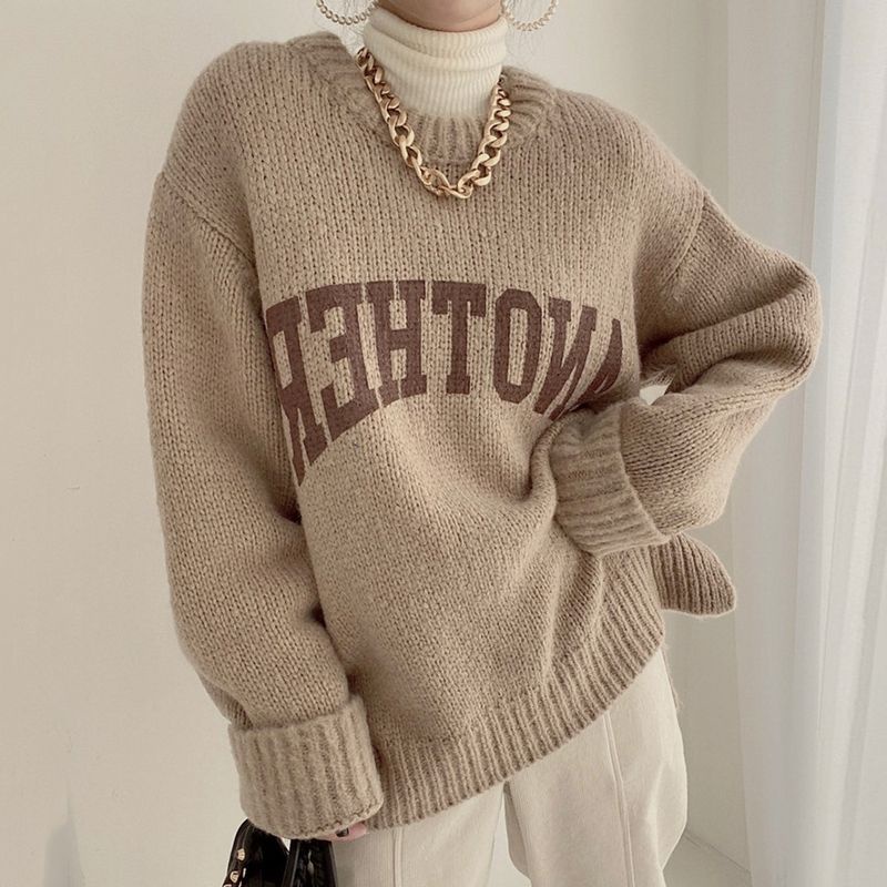 Áo Sweater Dệt Kim Tay Dài Dáng Rộng In Chữ Màu Sắc Ngọt Ngào Phong Cách Hàn Quốc Cho Nữ