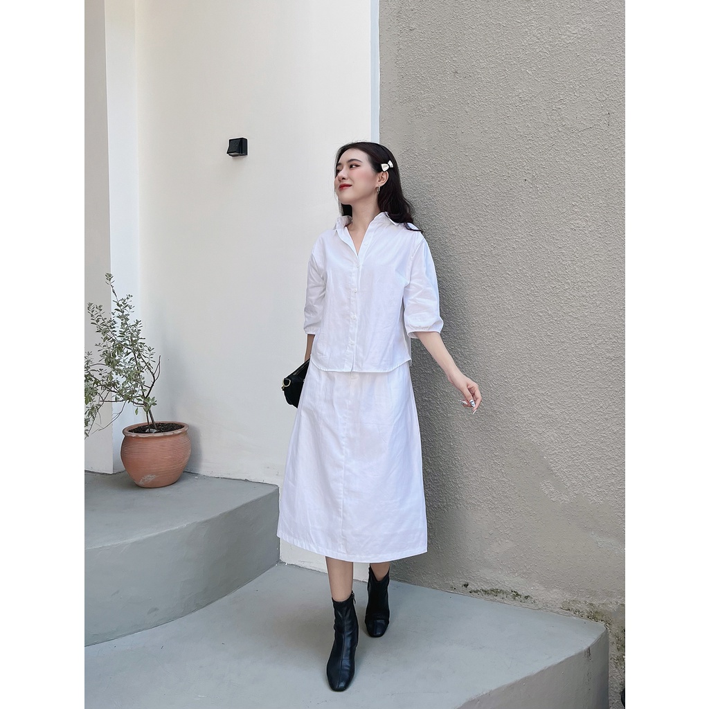 Chân váy kaki dài lưng thun midi hai màu trắng đỏ Lady MIRABOZZI MSKF007 SP08