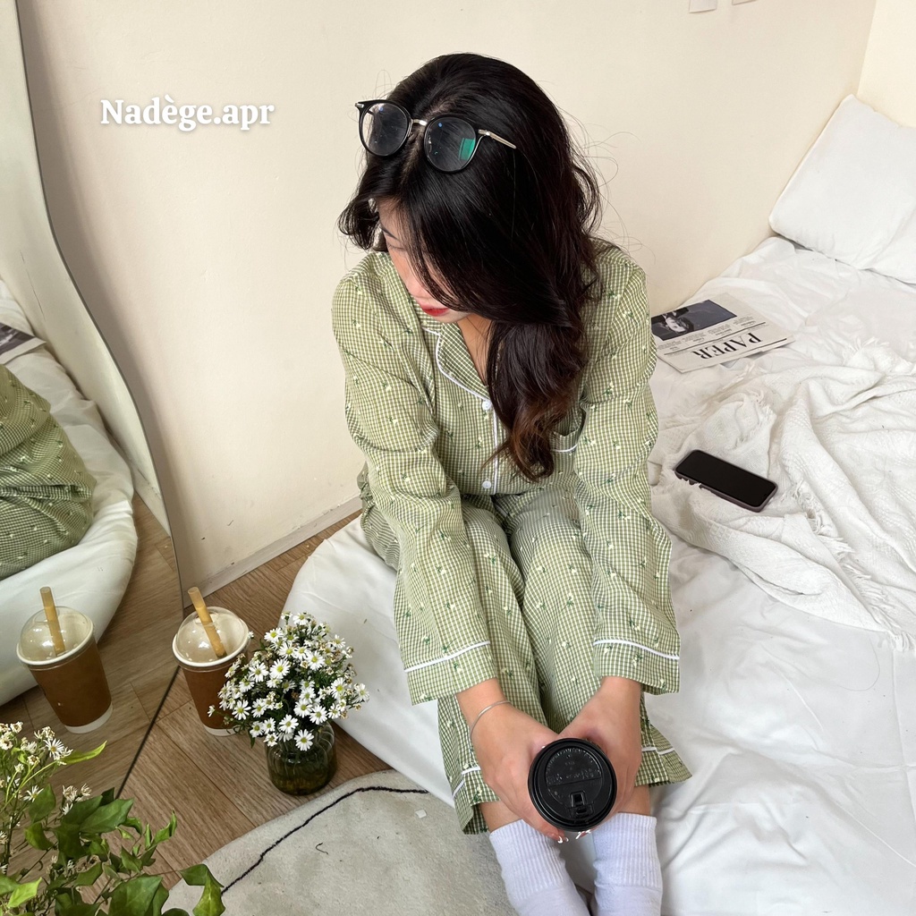 𝐋𝐲𝐬 𝐏𝐲𝐣𝐚𝐦𝐚𝐬 💚 Bộ ngủ dài tay thu đông caro xanh bơ chất đũi mát mẻ, đồ ngủ - Nadege.apr