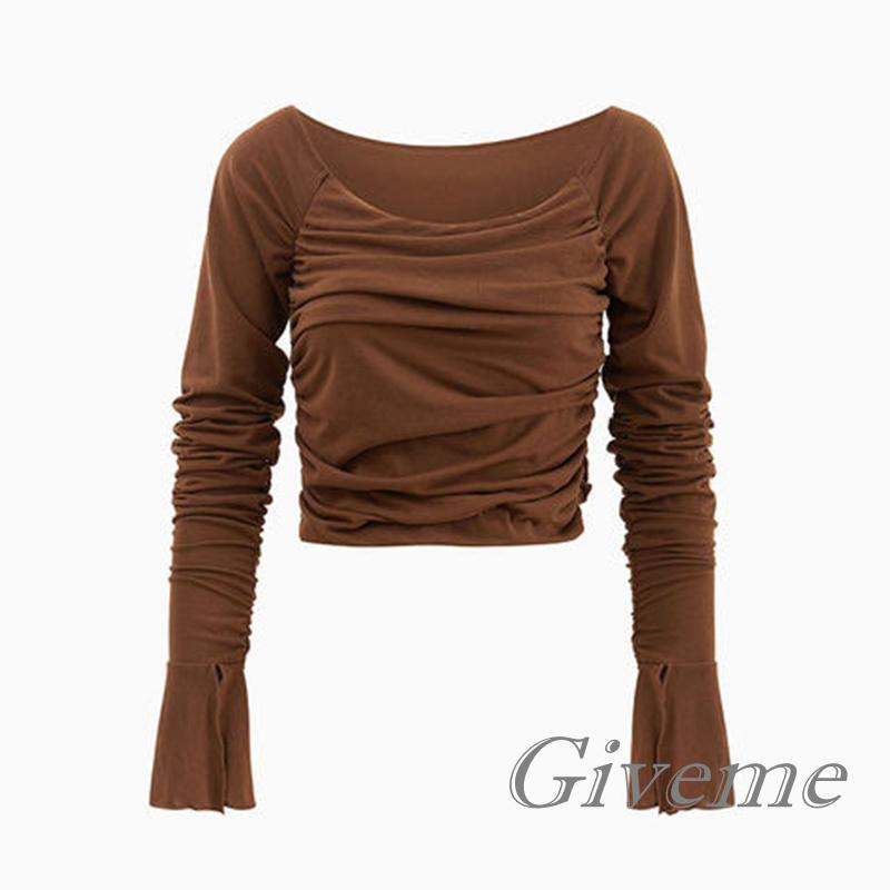 Áo Croptop Trễ Vai Tay Dài Màu Sắc Thanh Lịch Cho Nữ