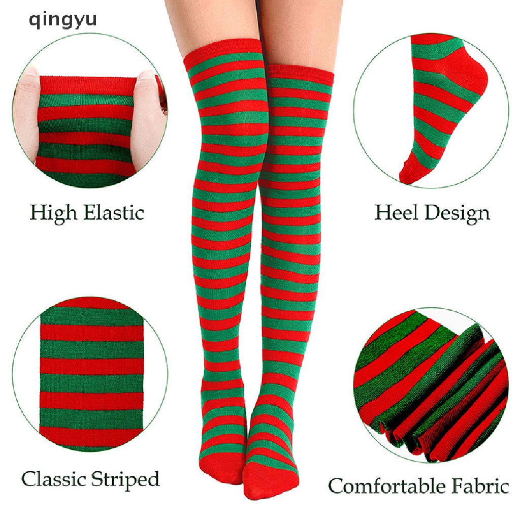 Vớ Dài Qua Gối Họa Tiết Sọc Trang Trí Giáng Sinh Cho Nữ