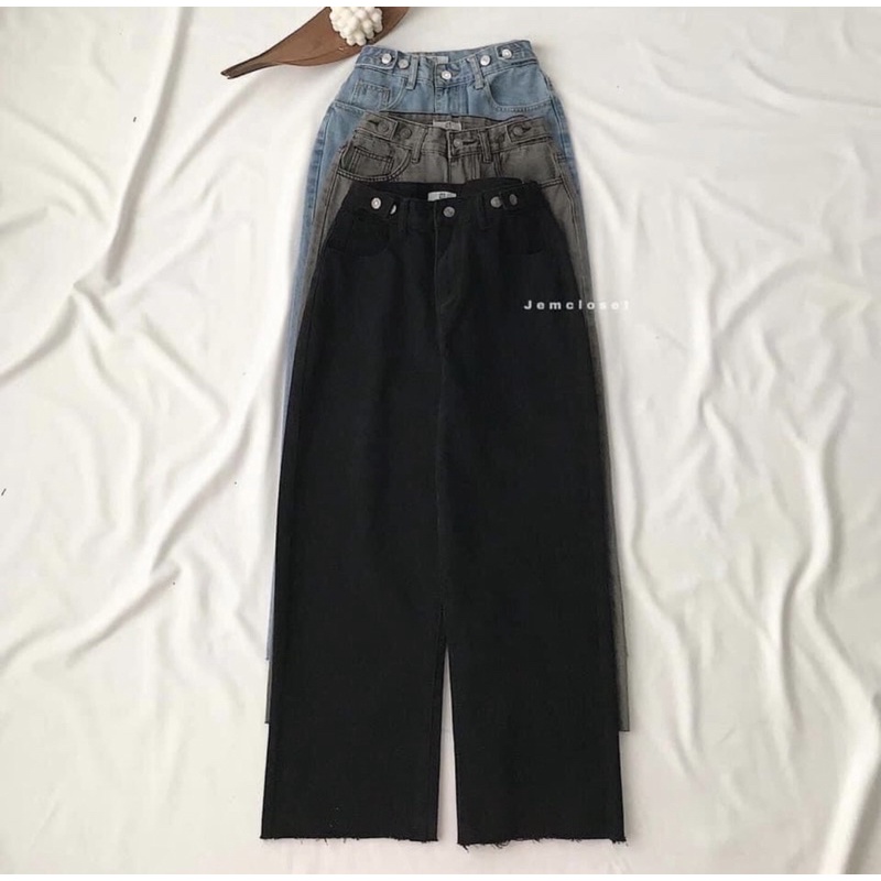 Set baggy jeans ống suông đai nút + set 2 món áo gân tay dài
