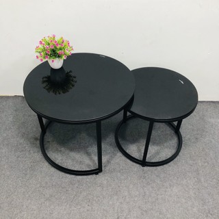 Bàn đôi tròn sofa,bàn trà đôi khung đen, kính đen. huyền bí sang trọng.