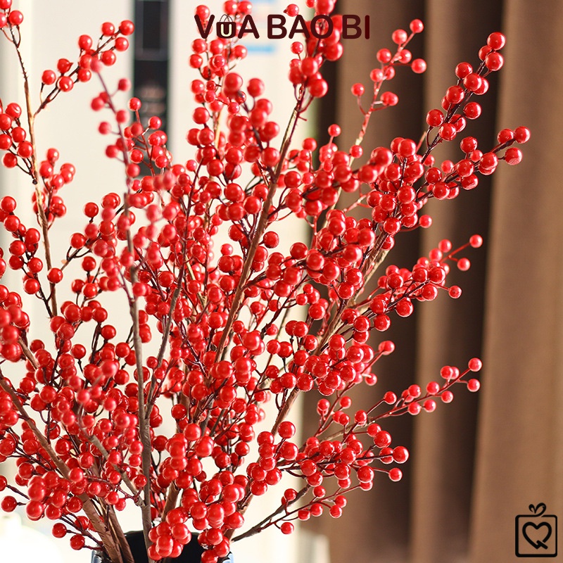 Cành đào đông cherry 12/ 9/ 6/ 3 nhánh 12 quả, cành quả đỏ trang trí Tết, phòng khách VUABAOBI