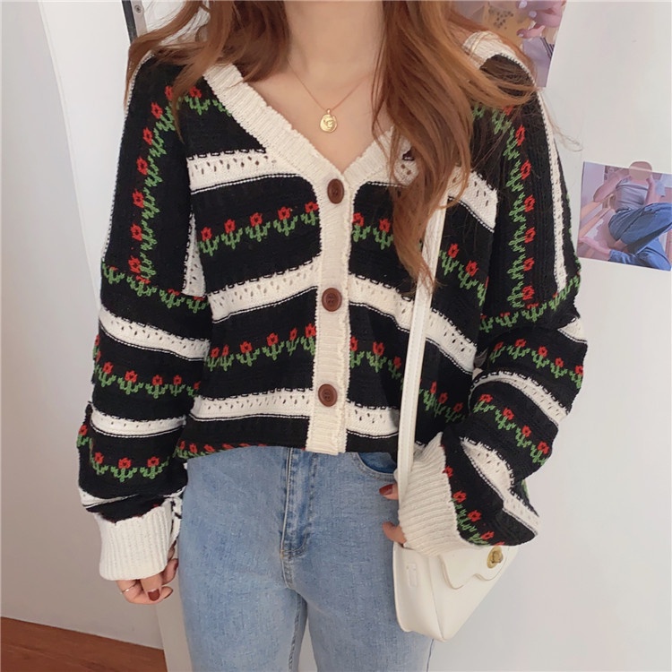 IELGYÁo Khoác cardigan Họa Tiết Hoa Phong Cách retro Hàn Quốc Dễ Phối Đồ Cho Nữ