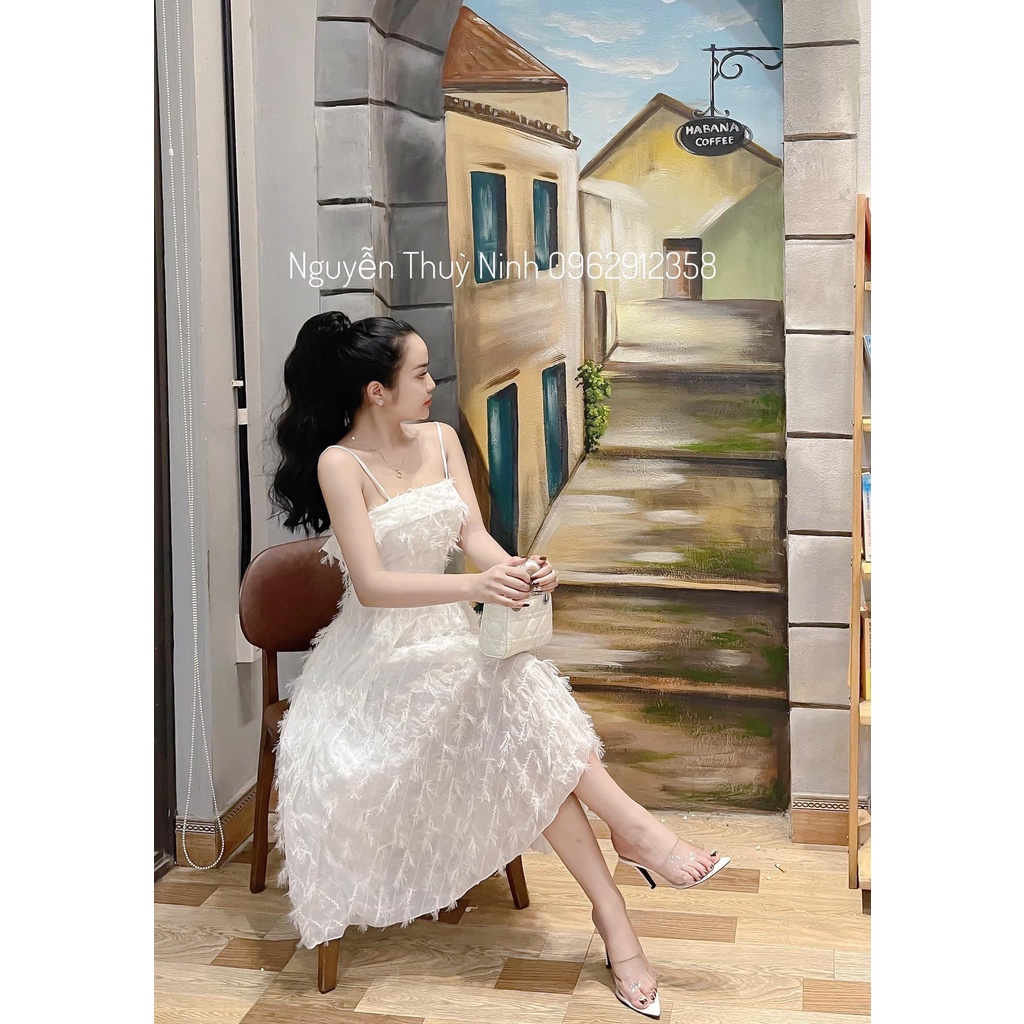 Đầm thiết kế dự tiệc, Đầm thiết kế hai dây lông vũ kiêu sa cao cấp